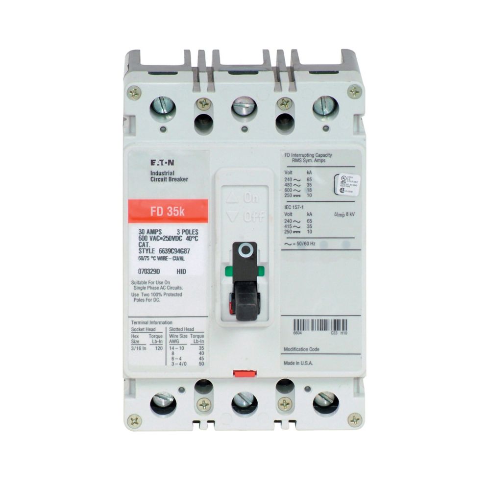 Eaton Series C complete molded case circuit breaker, F-frame, FD, Complete breaker, Fixed thermal, fixed magnetic trip type, Three-pole, 125A, 600 Vac, 250 Vdc, 65 kAIC at 240 Vac, 35 kAIC at 480 Vac, Line and load