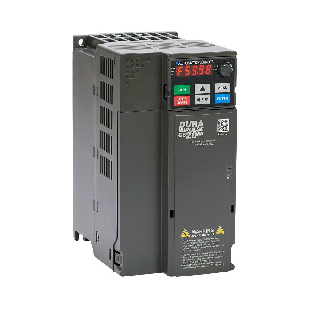 DURApulse GS20 series AC general purpose drive, enclosed, 460 VAC, 10hp with 3-phase input, SVC, V/Hz, FOC or torque mode, D frame, RS-485, integrated dynamic braking. Optional EtherNet/IP and Modbus TCP card available.