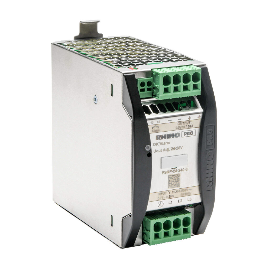 RHINO PRO PSRP series switching power supply, 24 VDC @ 10A/240W (adjustable), 480 VAC nominal input, 3-phase, enclosed, aluminum housing, 35mm DIN rail mount, push-in spring.
