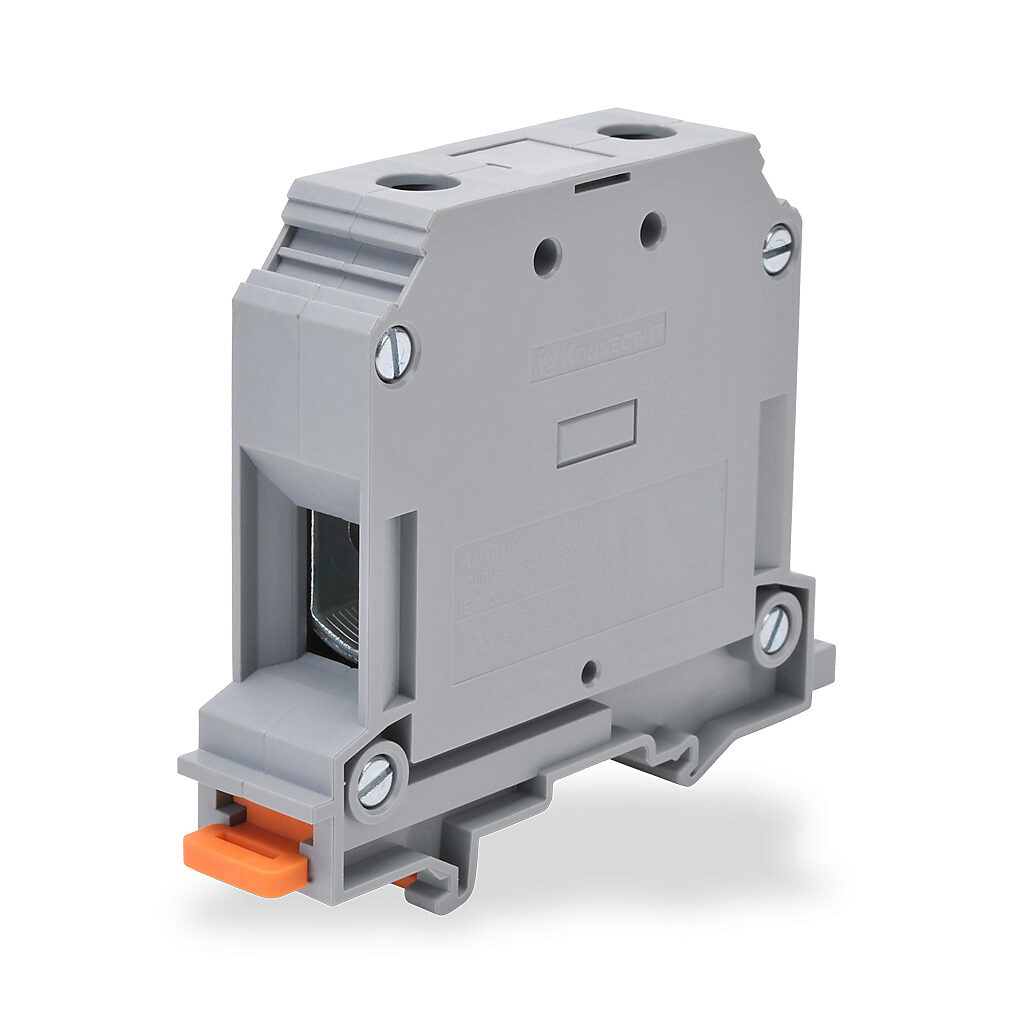 Konnect-It screw single-level feedthrough terminal block, accepts wire size 6-1/0 AWG, gray, 150A, 35mm DIN rail mount, 100kA SCCR. Package of 10. For use with jumpers KN-2J1/0, KN-3J1/0 or KN-4J1/0