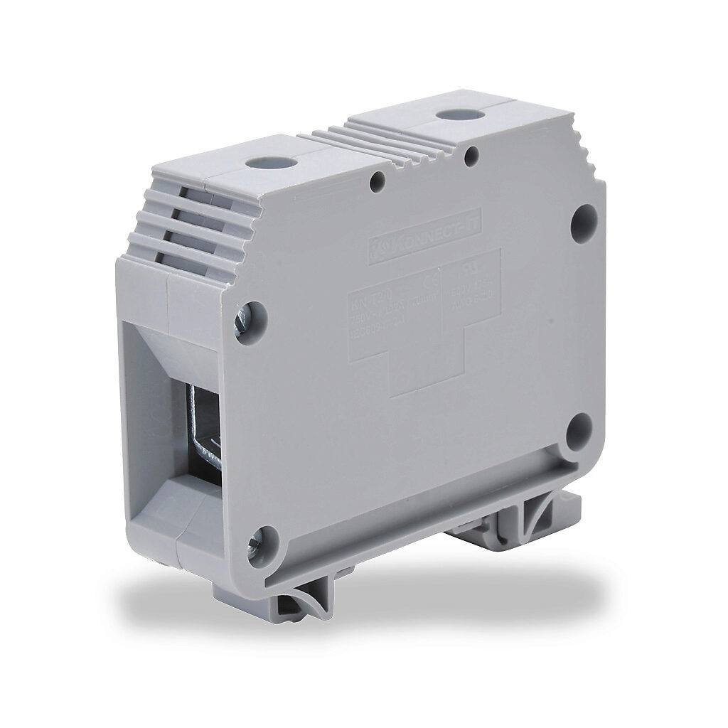 Konnect-It screw single-level feedthrough terminal block, accepts wire size 6-2/0 AWG, gray, 175A, 35mm DIN rail mount, 100kA SCCR. Package of 10.