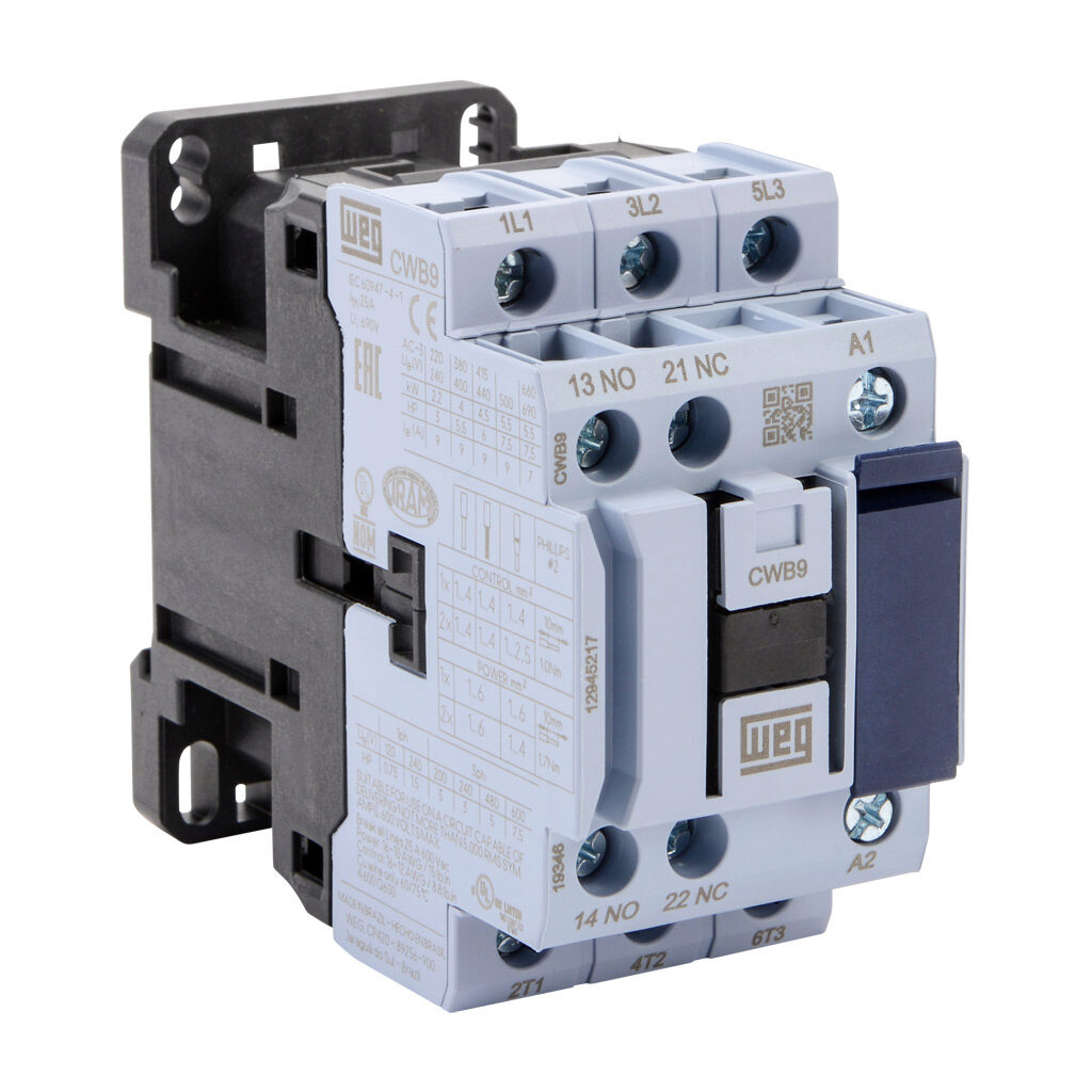 WEG Electric CWB series IEC contactor, 18A, (3) N.O. power poles, (1) N.O./(1) N.C. auxiliary contacts, 120 VAC (50/60Hz) coil voltage.