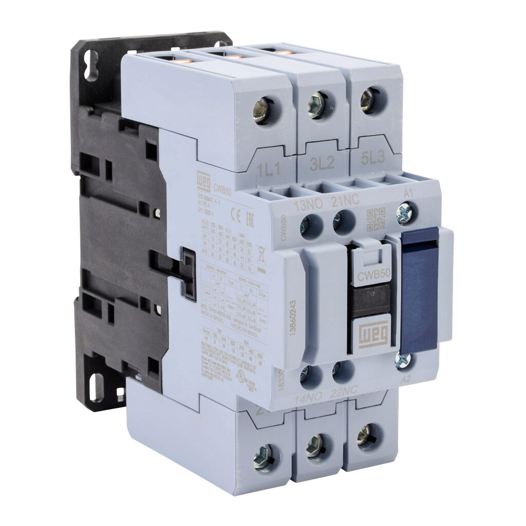 WEG Electric CWB series IEC contactor, 50A, (3) N.O. power poles, (1) N.O./(1) N.C. auxiliary contacts, 120 VAC (50/60Hz) coil voltage.