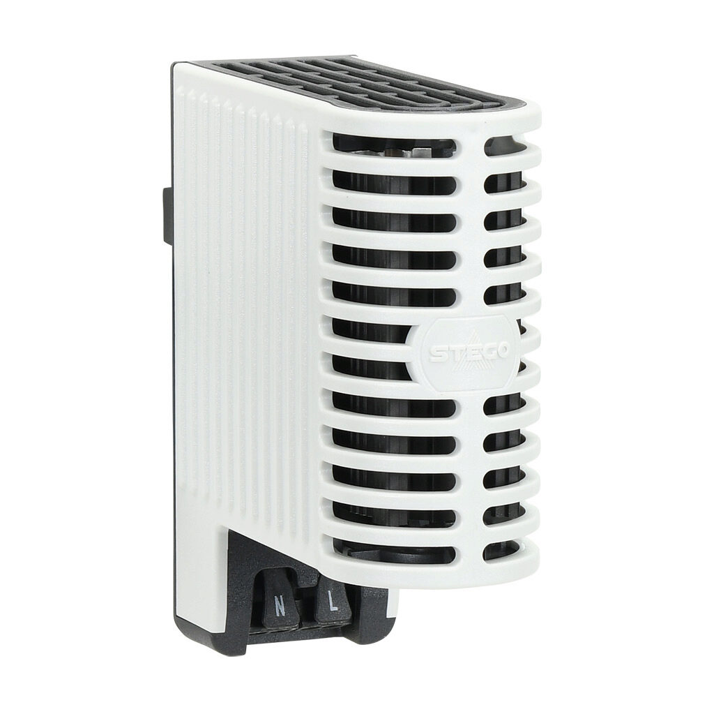 Stego enclosure heater, 20W heating capacity, touch-safe PTC resistor heating element, 120-240 VAC/VDC operating voltage, 50/60 Hz, 35mm DIN rail or panel mount.