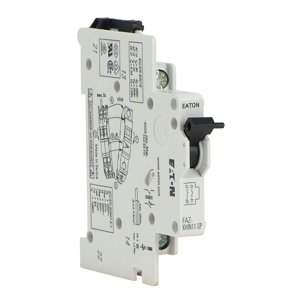 Eaton auxiliary contact, DPST contact(s), 2A @ 230VAC/0.5A @ 110VAC/VDC. For use with Eaton FAZ series supplementary protectors.