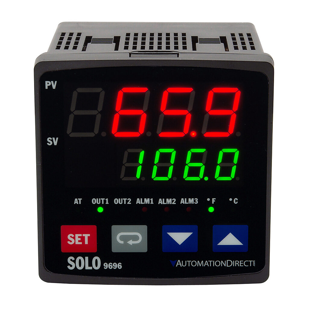 SOLO standard temperature controller, 1/4 DIN, 2-line LED, current, voltage, RTD, thermocouple or event input, 0-10 VDC, 5A SPDT relay, (2) 3A SPST relays output, 100-240 VAC operating voltage, RS-485.