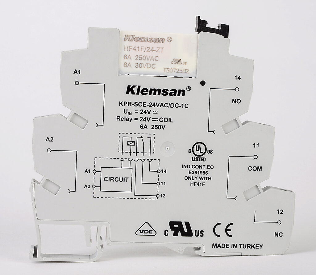 KLEMSAN INTERFACE RELAY, 35MM DIN RAIL MOUNT, FINGER-SAFE, 24 VAC/VDC COIL VOLTAGE, SPDT, 6A CONTACT RATING, SCREW TERMINAL(S), LED INDICATOR(S) KPR-SCE-24VACDC-1