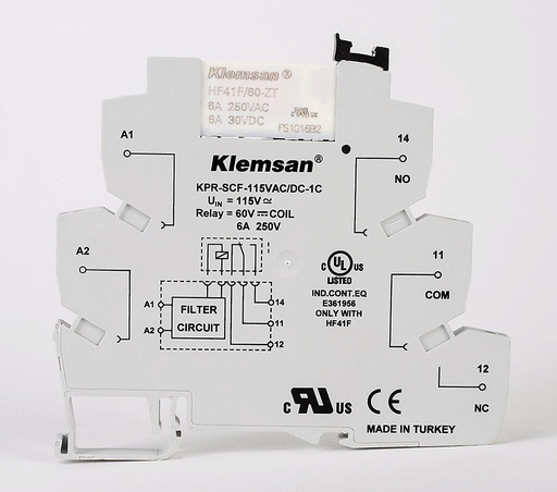 [KPR-SCF-115VACDC-1] Klemsan interface relay, 35mm DIN rail mount, finger-safe, 115 VAC/VDC coil voltage, SPDT, (1) N.O., (1) N.C., 6A contact rating, screw terminal(s), LED indicator(s). Integrated leakage current suppression filter.
