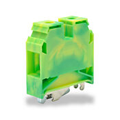 [KN-G12] Konnect-It screw grounding terminal block, accepts wire size 12-2 AWG, green and yellow, 35mm DIN rail mount, 100kA SCCR. Package of 40. Use to mechanically and electrically connect wires to 35mm DIN rail through the screw-down clamping foot.