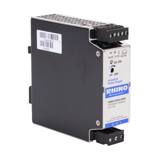 [PSM24-090S] RHINO SELECT PSM series switching power supply, 24 VDC @ 3.75A/90W (adjustable), 120/240 VAC nominal input, 1-phase, enclosed, metal housing, 35mm DIN rail mount, removable screw terminal.