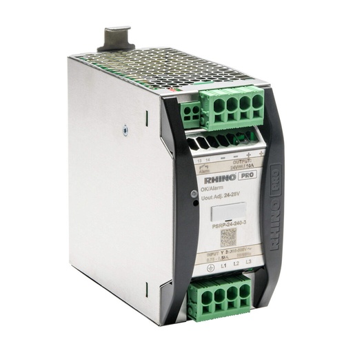 [PSRP-24-240-3] RHINO PRO PSRP series switching power supply, 24 VDC @ 10A/240W (adjustable), 480 VAC nominal input, 3-phase, enclosed, aluminum housing, 35mm DIN rail mount, push-in spring.