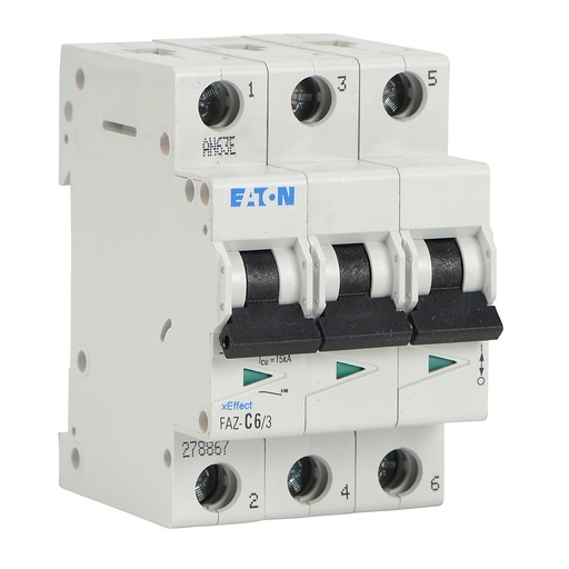 [FAZ-C6-3] Eaton miniature supplementary protector, 6A, 480Y / 277 VAC / 96 VDC, 3-pole, C curve, thermal magnetic, 10kA @ 480Y/277 VAC interrupting rating, 35mm DIN rail mount.
