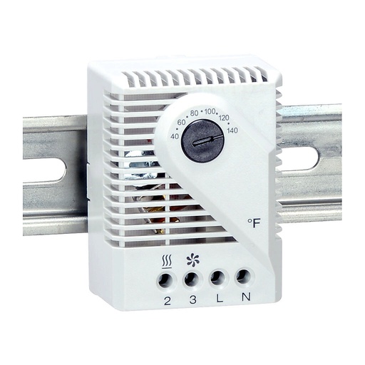 [011700-01] Stego mechanical thermostat, adjustable, 40 to 140 deg F, 9 deg F switching differential, 230 VAC operating voltage, 35mm DIN rail mount, for electrical enclosure climate control.