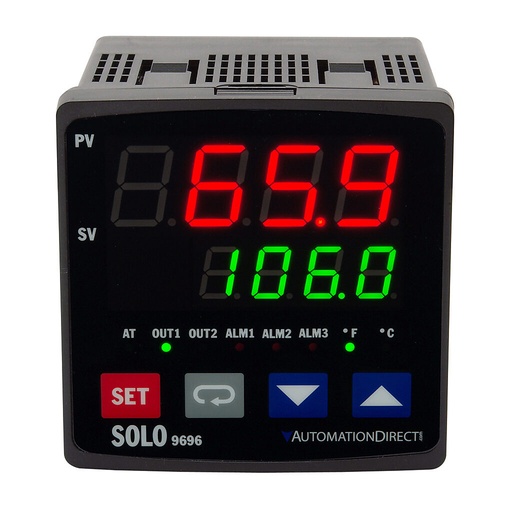 [SL9696-LRE] SOLO standard temperature controller, 1/4 DIN, 2-line LED, current, voltage, RTD, thermocouple or event input, 0-10 VDC, 5A SPDT relay, (2) 3A SPST relays output, 100-240 VAC operating voltage, RS-485.