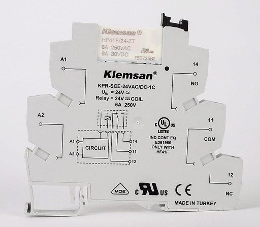 [270810A] KLEMSAN INTERFACE RELAY, 35MM DIN RAIL MOUNT, FINGER-SAFE, 24 VAC/VDC COIL VOLTAGE, SPDT, 6A CONTACT RATING, SCREW TERMINAL(S), LED INDICATOR(S) KPR-SCE-24VACDC-1